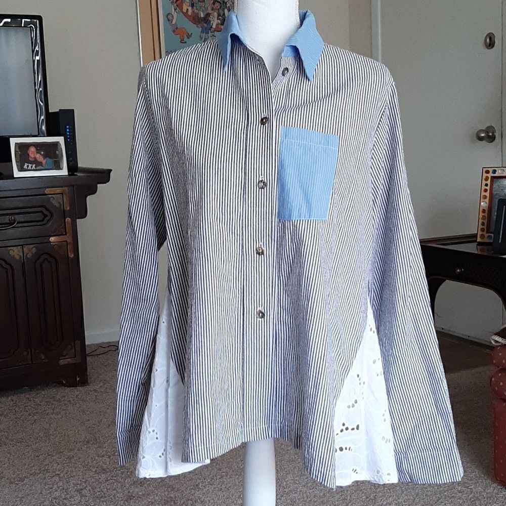 Vitamin grey, white, and blue stripped swing shirt